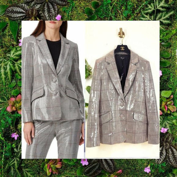 Badgley Mischka Jackets & Blazers - $495 NWT BADGLEY MISCHKA Plaid  Blazer Silver Coat XS Button down Sparkle Chic